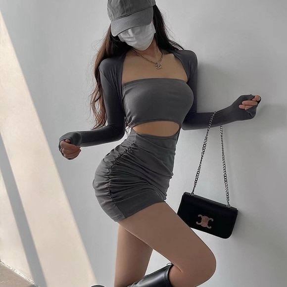 Dark grey cropped cardigan shawl long sleeve small coat top - Picture 2 of 6